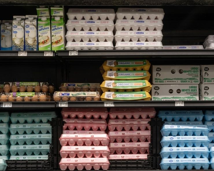Koelvak met diverse eierdozen en verpakkingen in meerdere kleuren